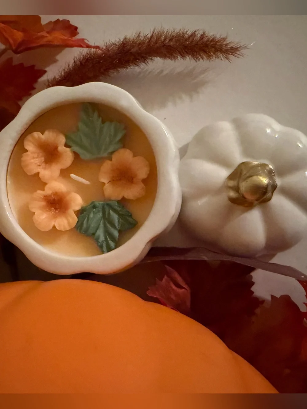 White Ceramic Pumpkin Jar with Soy Candle, Floral Accent, Pumpkin Pie scent